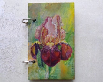 Iris small notebook, journal. Original mixed media painting on chipboard. Drawing book sketch pad.