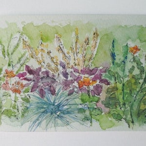 Flower garden watercolor postcard painting.