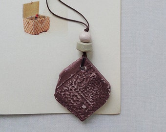 Asymmetrical burgundy ceramic unique handmade pendant, necklace. Gift for her.