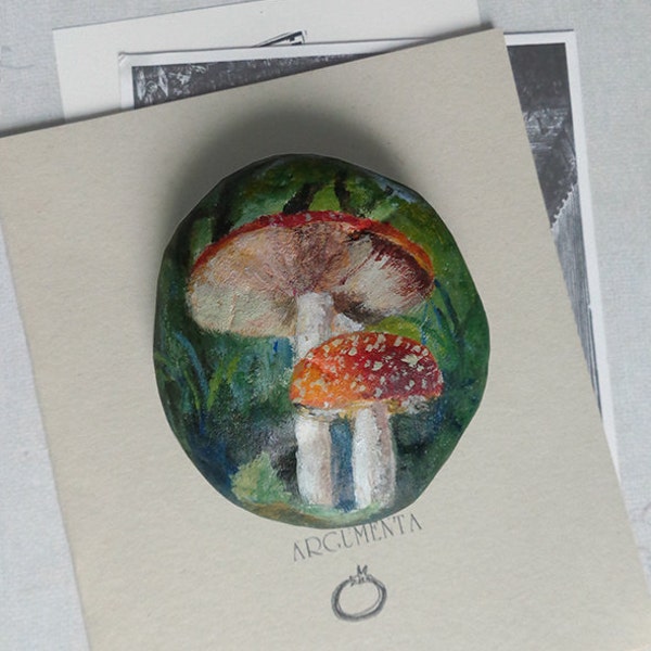 Mushrooms, hand painted sea stone, beach rock.