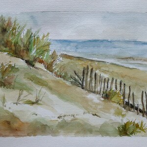 Small seaside watercolor, beach painting wall decor.