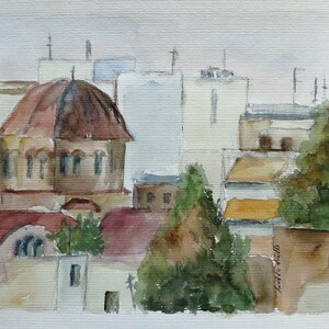 Cityscape watercolor painting. View of the neighborhood near my home.