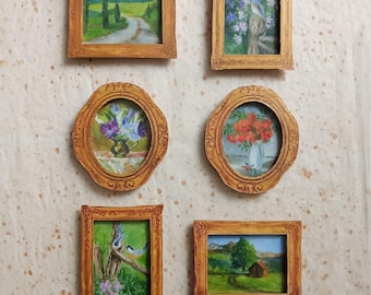 Hand painted fridge magnets with original framed acrylic paintings.
