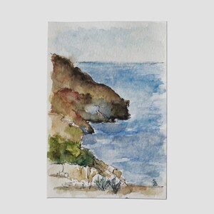 Pintura de postal de acuarela del paisaje marino de la isla.