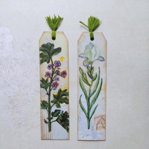 Two floral bookmarks. Painted flowers on marbled paper.