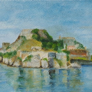 Corfu. Original acrylic painting, landscape, seascape. Unframed.