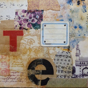 May include: A collage of paper scraps with a red letter "T", a black letter "E", and a blue label with the text "15". The collage is on a brown background with a floral pattern. The image also includes a black and white photo of a building with a large archway.