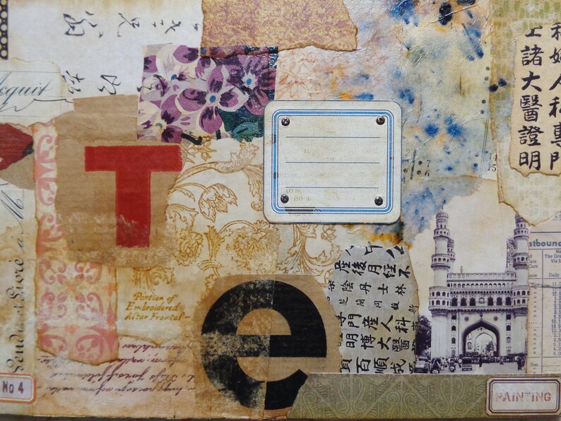 May include: A collage of paper scraps with a red letter "T", a black letter "E", and a blue label with the text "15". The collage is on a brown background with a floral pattern. The image also includes a black and white photo of a building with a large archway.