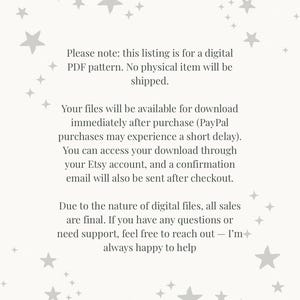 May include: A digital PDF pattern listing with text that reads: "Please note: this listing is for a digital PDF pattern. No physical item will be shipped." The text continues with information about downloads and sales.