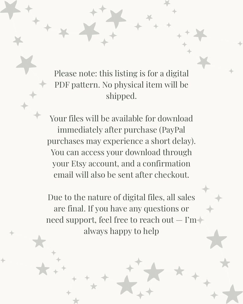 May include: A digital PDF pattern listing with text that reads: "Please note: this listing is for a digital PDF pattern. No physical item will be shipped." The text continues with information about downloads and sales.