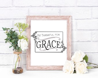 Sou grato por GRACE - Arte de parede - download digital instantâneo de arte de palavras para impressão, vertical