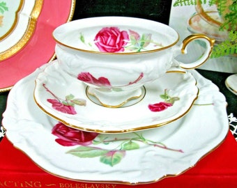 Bavaria Germany tea cup and saucer trio red rose pattern stem teacup German 1940