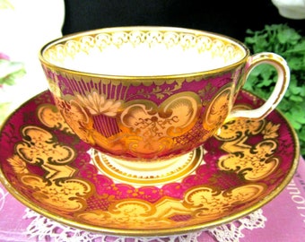 Antique English Porcelain Coalport Tea Cup & Saucer C1825 teacup RED GOLD