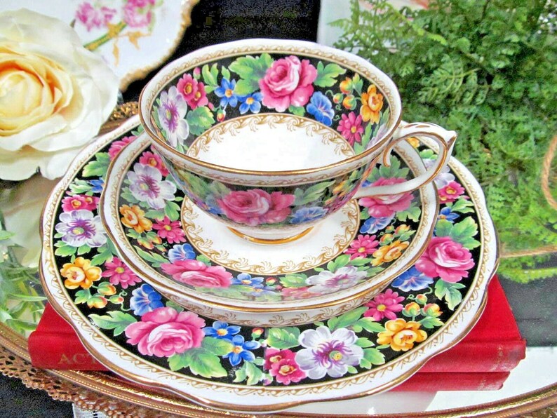 ROSLYN Tea Cup and Saucer Pink Rose Black Velvet Teacup Trio Etsy