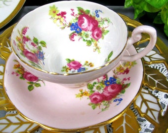 FOLEY pretty tea cup and saucer PINK BASE floral rose tulip teacup England 1930s