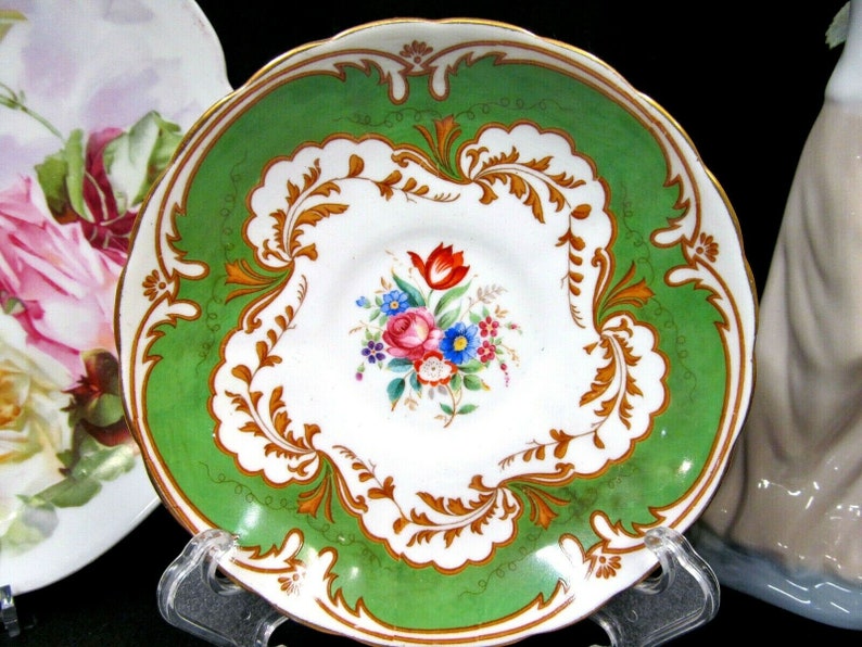 TUSCAN tea cup and saucer GREEN rose Blenheim pattern teacup flared