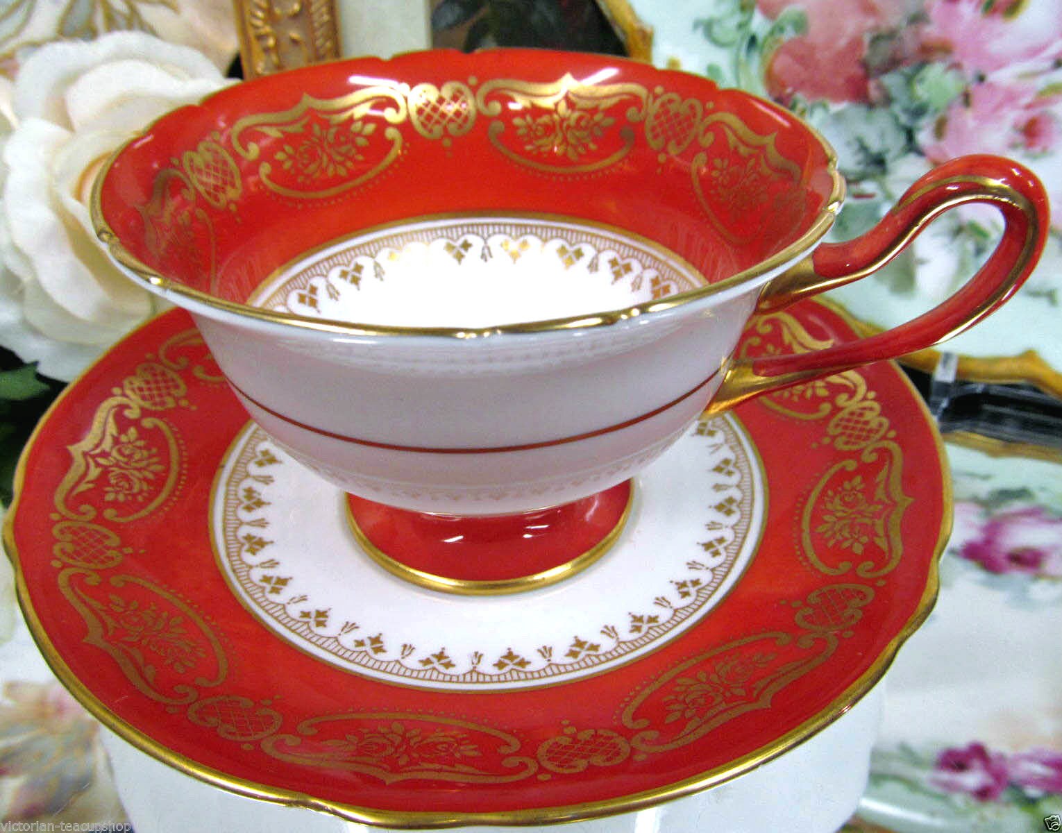 Shelley Tea Cup and Saucer Deep Orange and Gold Pattern Teacup Etsy