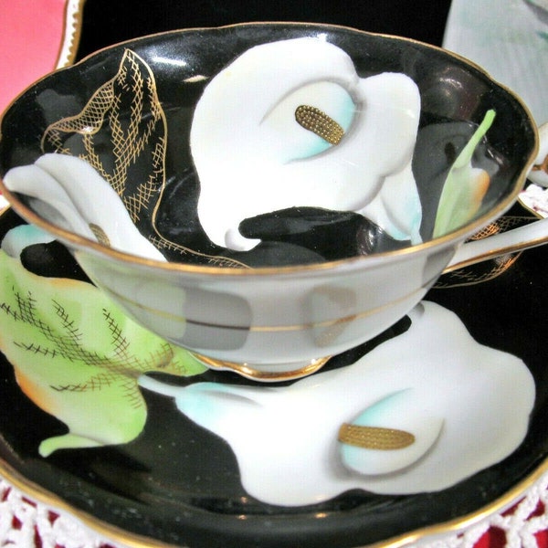 Occupied Japan tea cup and saucer painted calla lily teacup black white Japan