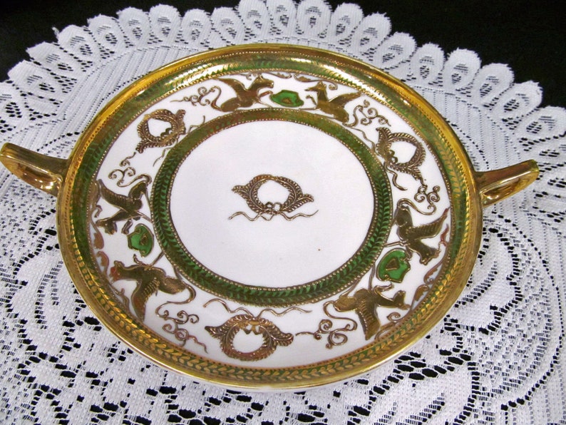 NIPPON gold gilt etched raised pattern green bands griffin birds serving plate
