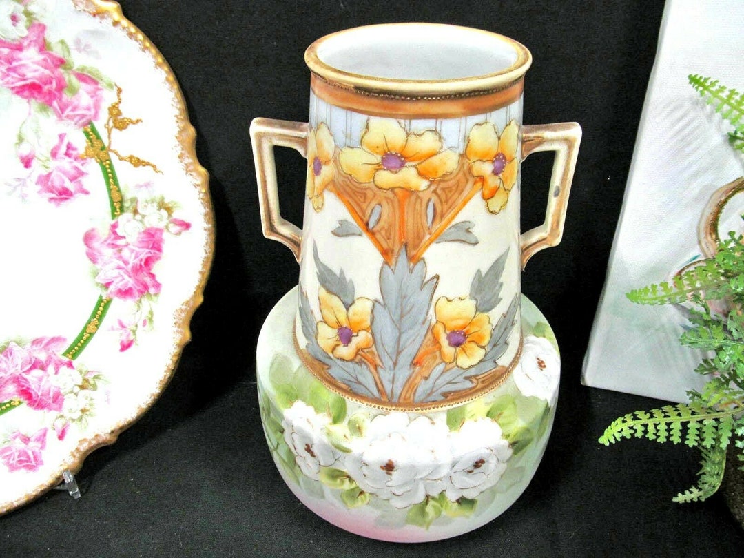 NIPPON Vase Hand Painted With Handles and White Roses Flower Beaded ...
