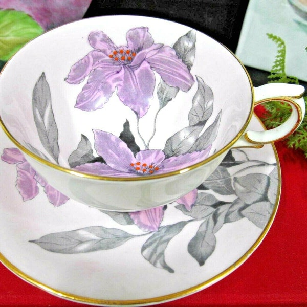 Clarence tea cup and saucer pink with purple painted flowers teacup chintz 1950s