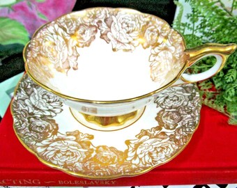 ROYAL STAFFORD tea cup and saucer Gold gilt roses Golden Emblem teacup flared