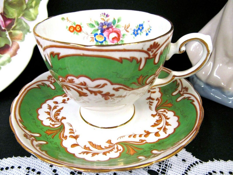 TUSCAN tea cup and saucer GREEN rose Blenheim pattern teacup flared