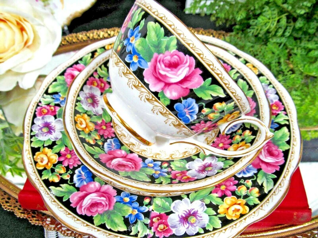 ROSLYN Tea Cup and Saucer Pink Rose Black Velvet Teacup Trio Etsy