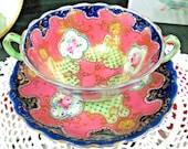 Nippon tea cup and saucer double handle teacup pink cobalt painted rose moriage