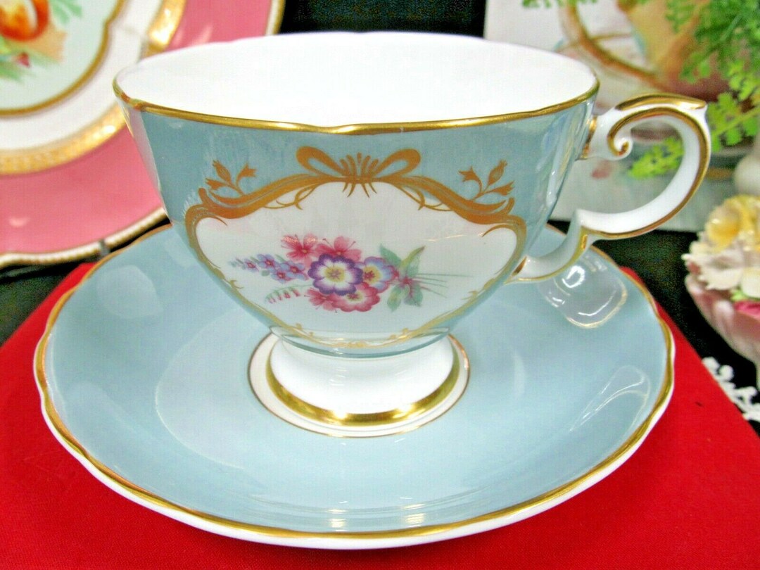 Susie Cooper Tea Cup and Saucer Baby Blue Floral Pink Rose and Gold ...