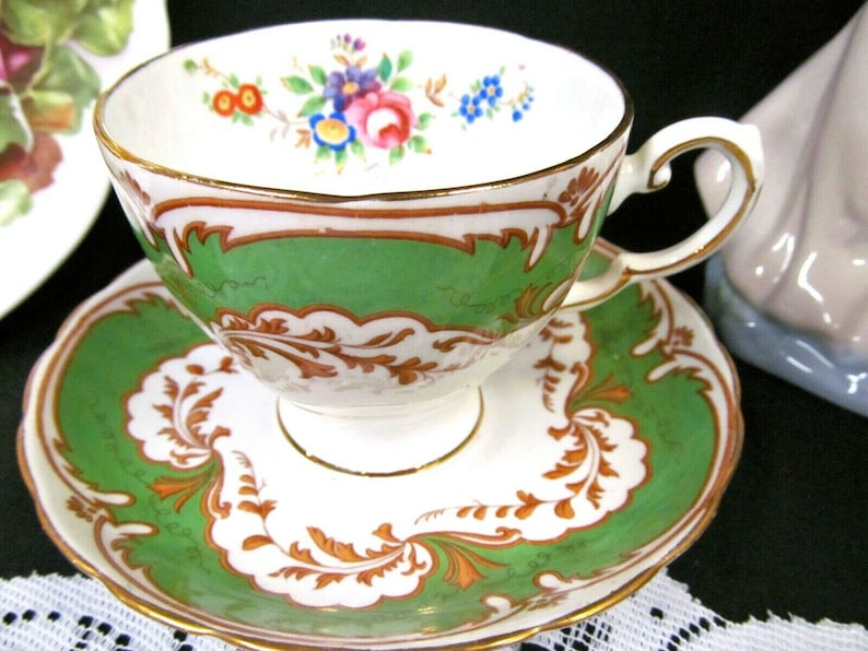 TUSCAN tea cup and saucer GREEN rose Blenheim pattern teacup flared