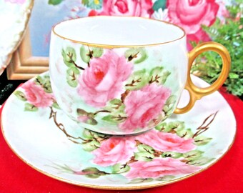 AUSTRIA tea cup and saucer painted pink roses teacup thick gold bands