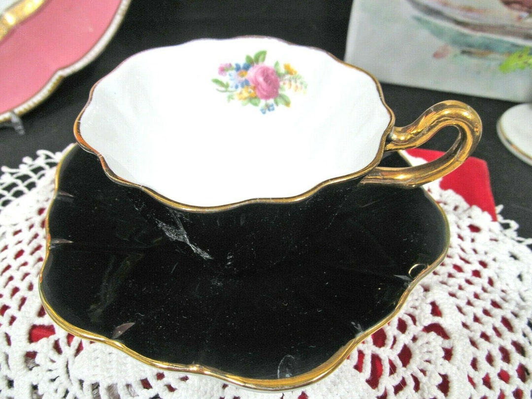 Royal Stuart Tea Cup and Saucer Black and Floral Fairy Shape Etsy