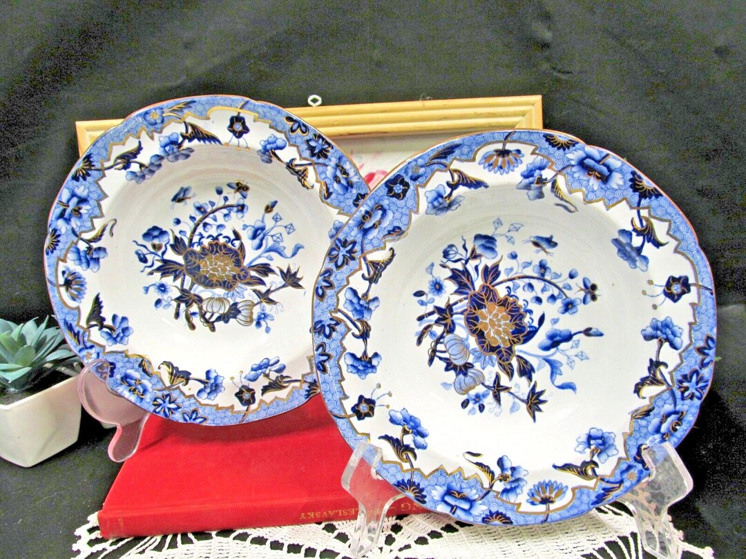 Antique Spode Soup Bowls Flow Blue New Stone Floral Pattern Gold Gilt