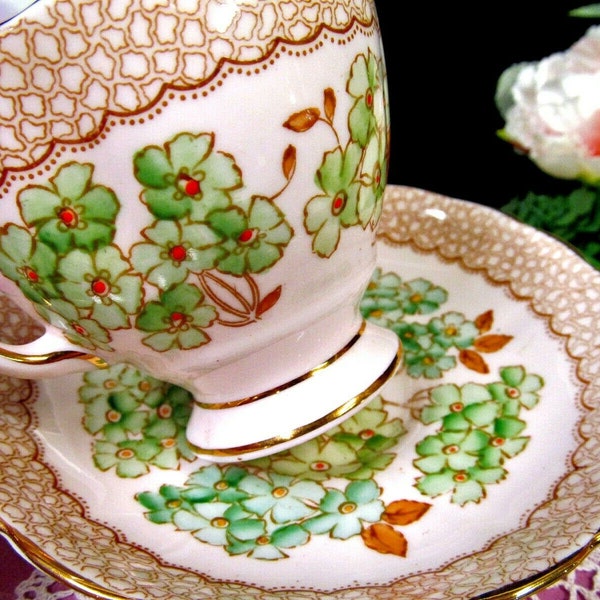 TUSCAN tea cup and saucer painted beaded violets pattern teacup pink base
