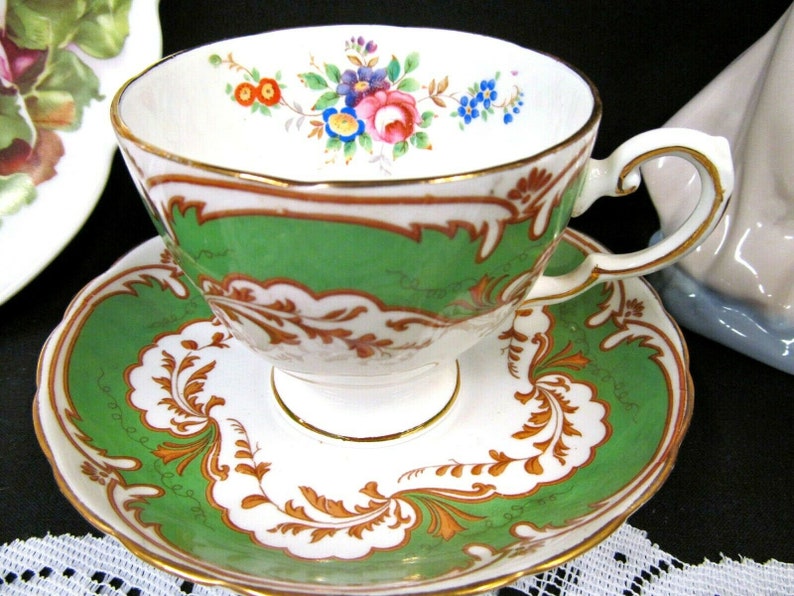 TUSCAN tea cup and saucer GREEN rose Blenheim pattern teacup flared