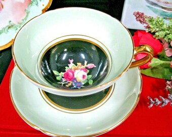 STANLEY tea cup and saucer Painted pink rose center black & pale green teacup