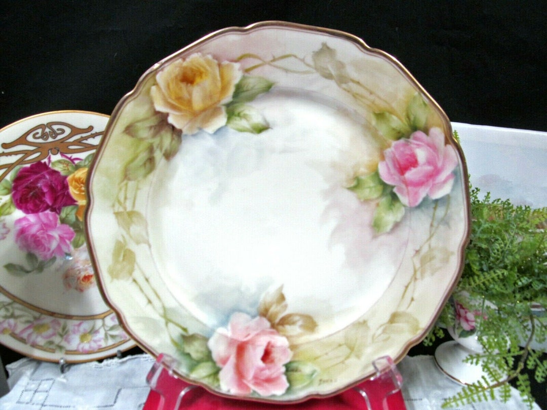 Vintage Bohemia Hand Painted Roses Plate Artist Signed Pink Rose Czech ...