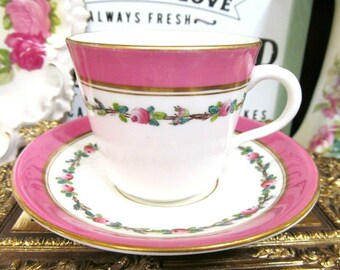 ANTIQUE early English tea cup and saucer PINK 1890's Mintons teacup painted rose
