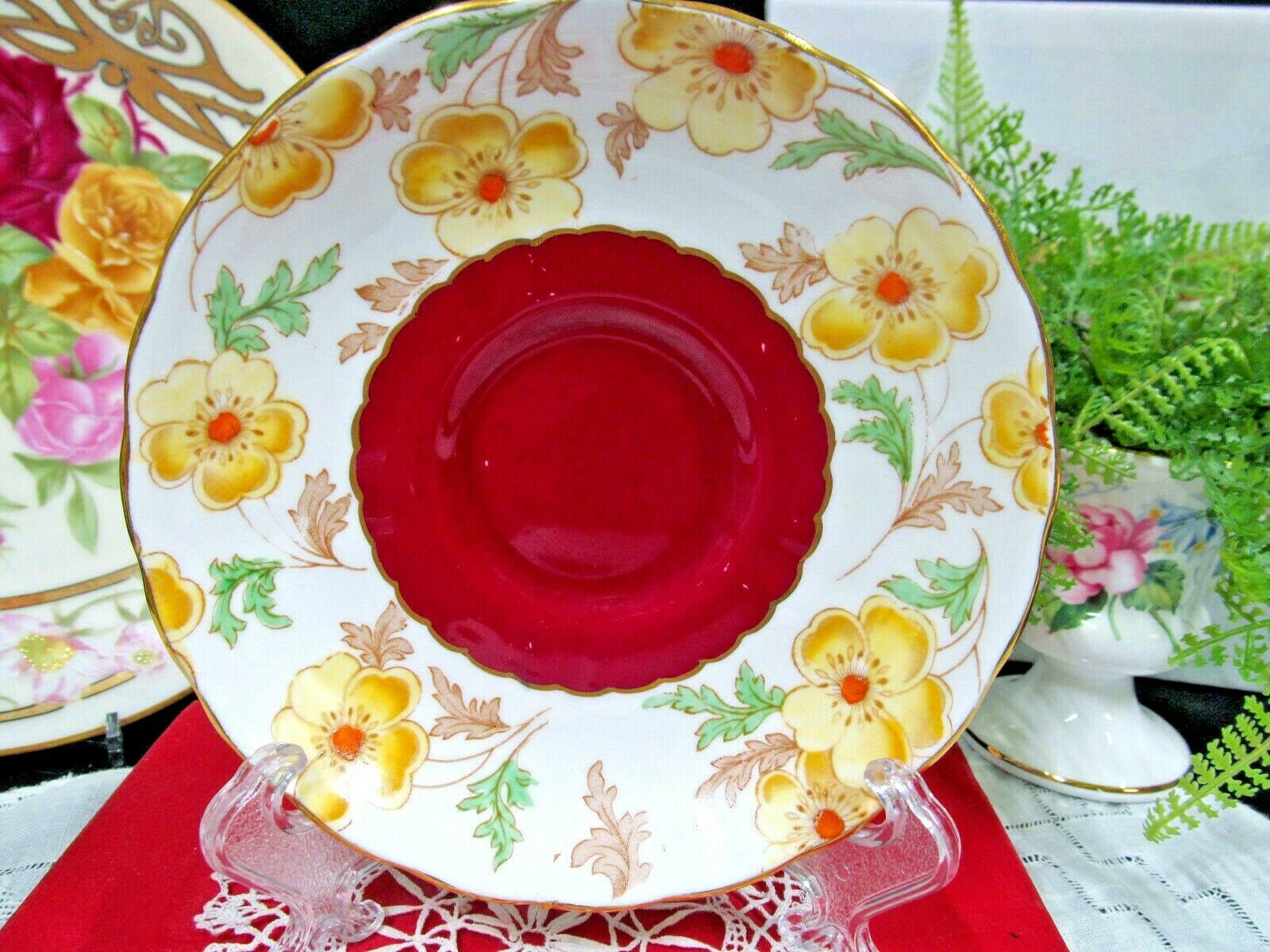 Tuscan tea cup and saucer painted floral blossom and red teacup England 1940s