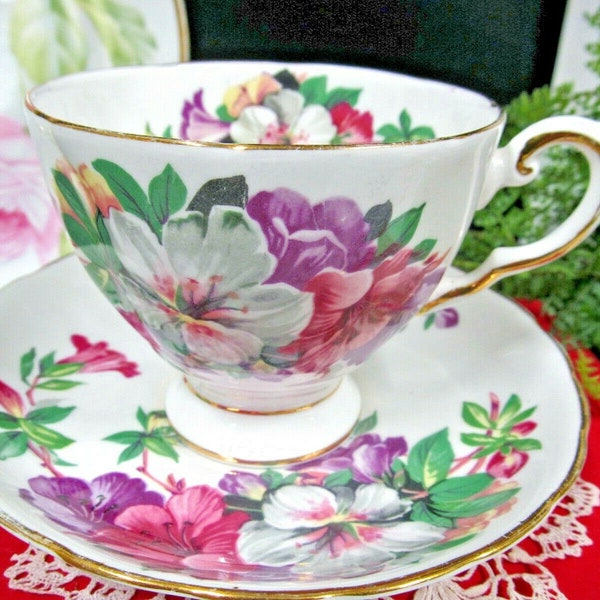 Tuscan tea cup and saucer Azalea pattern floral teacup England 1940s flowered