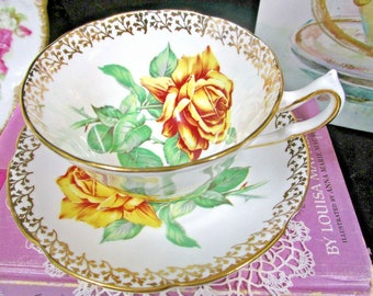 COLLINGWOODS tea cup and saucer yellow cabbage rose teacup England 1930s