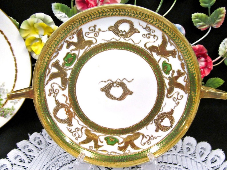 NIPPON gold gilt etched raised pattern green bands griffin birds serving plate