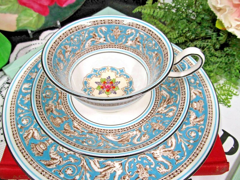 Wedgwood Tea cup and saucer Turquoise Florentine teacup trio Etsy