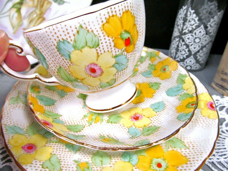 TUSCAN tea cup and saucer trio painted cup of gold Hawaiian flower teacup chintz
