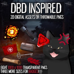 Może przedstawiać: Cyfrowa ilustracja czarnego kota z czerwonym trójkątem i czerwonymi liniami złości nad głową. Kot patrzy w prawo i ma język wystający. Obraz jest otoczony różnymi elementami gry, w tym apteczką, latarką, czerwonym petardem i czerwoną i żółtą eksplozją. Tekst "DBD INSPIRED" znajduje się u góry obrazu, a tekst "EIGHT 1000 x 1000 TRANSPARENT PNGS" i "THREE MORE SIZES FOR BADGES!" znajduje się na dole obrazu.