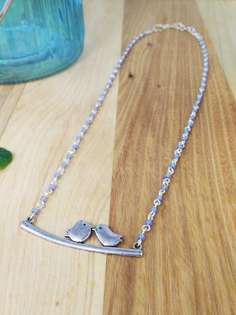 Pale Blue Beaded Necklace with Bird Pendant ~ Handmade Rosary Chain Necklace ~ Unique Jewellery for Her ~ One of a Kind Girlfriend Gift