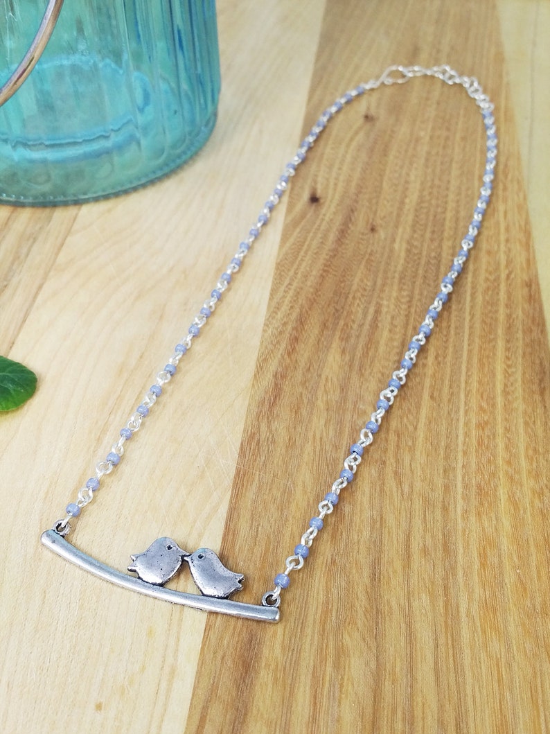 Pale Blue Beaded Necklace with Bird Pendant ~ Handmade Rosary Chain Necklace ~ Unique Jewellery for Her ~ One of a Kind Girlfriend Gift