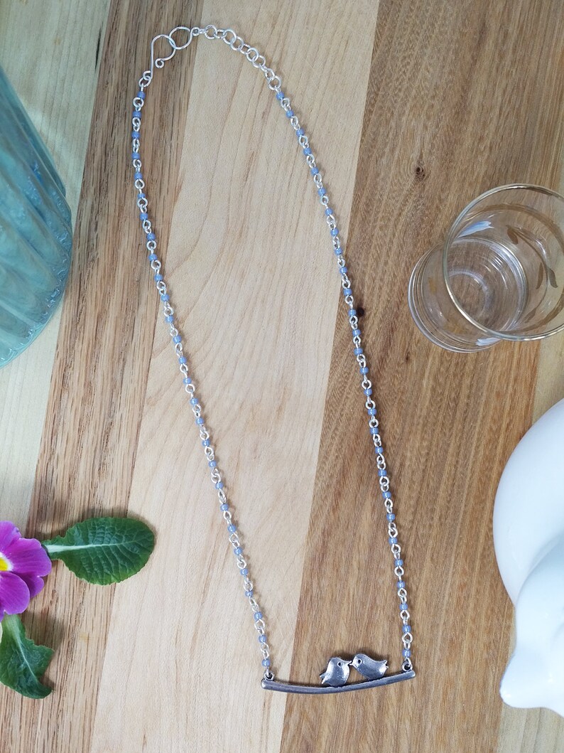 Pale Blue Beaded Necklace with Bird Pendant ~ Handmade Rosary Chain Necklace ~ Unique Jewellery for Her ~ One of a Kind Girlfriend Gift