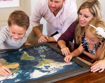 Personalized Large World Map, Push Pin Travel Map, World Wonders, USA States, National Parks, Gift for Travelers, Handmade Family Heirloom